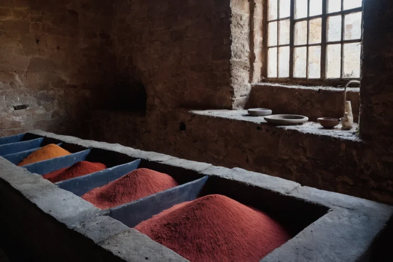 Copper dye vats set into a stone bench in a traditional dye-house, with red and blue dye liquor and coils of undyed wool yarn