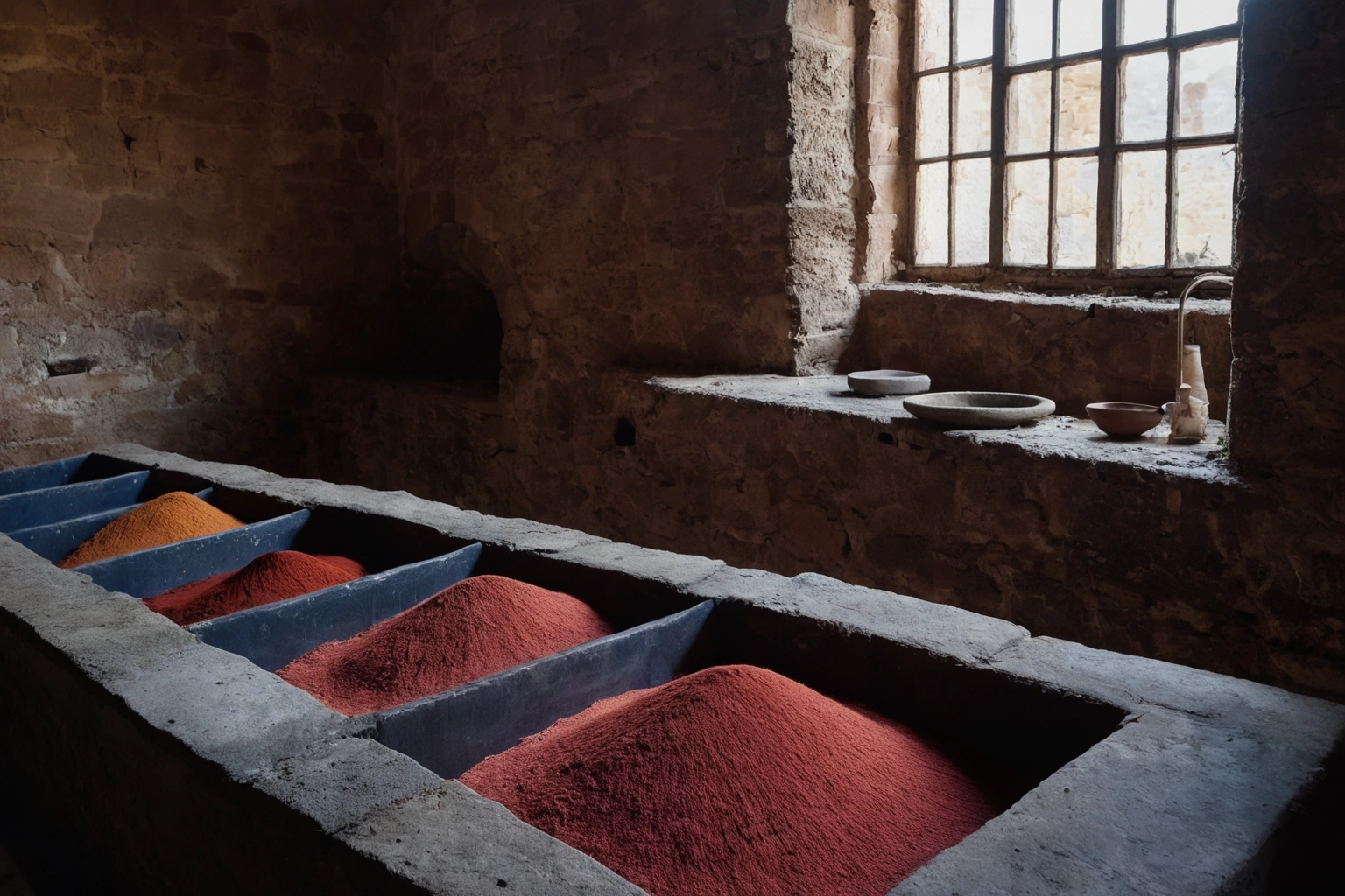 Copper dye vats set into a stone bench in a traditional dye-house, with red and blue dye liquor and coils of undyed wool yarn