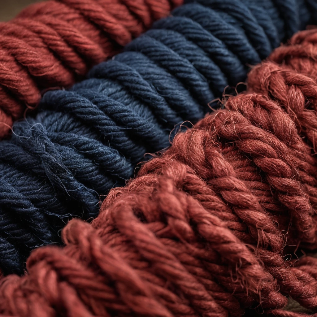 Macro photograph of hand-knotted wool rug pile with madder red yarn standing beside indigo blue yarn