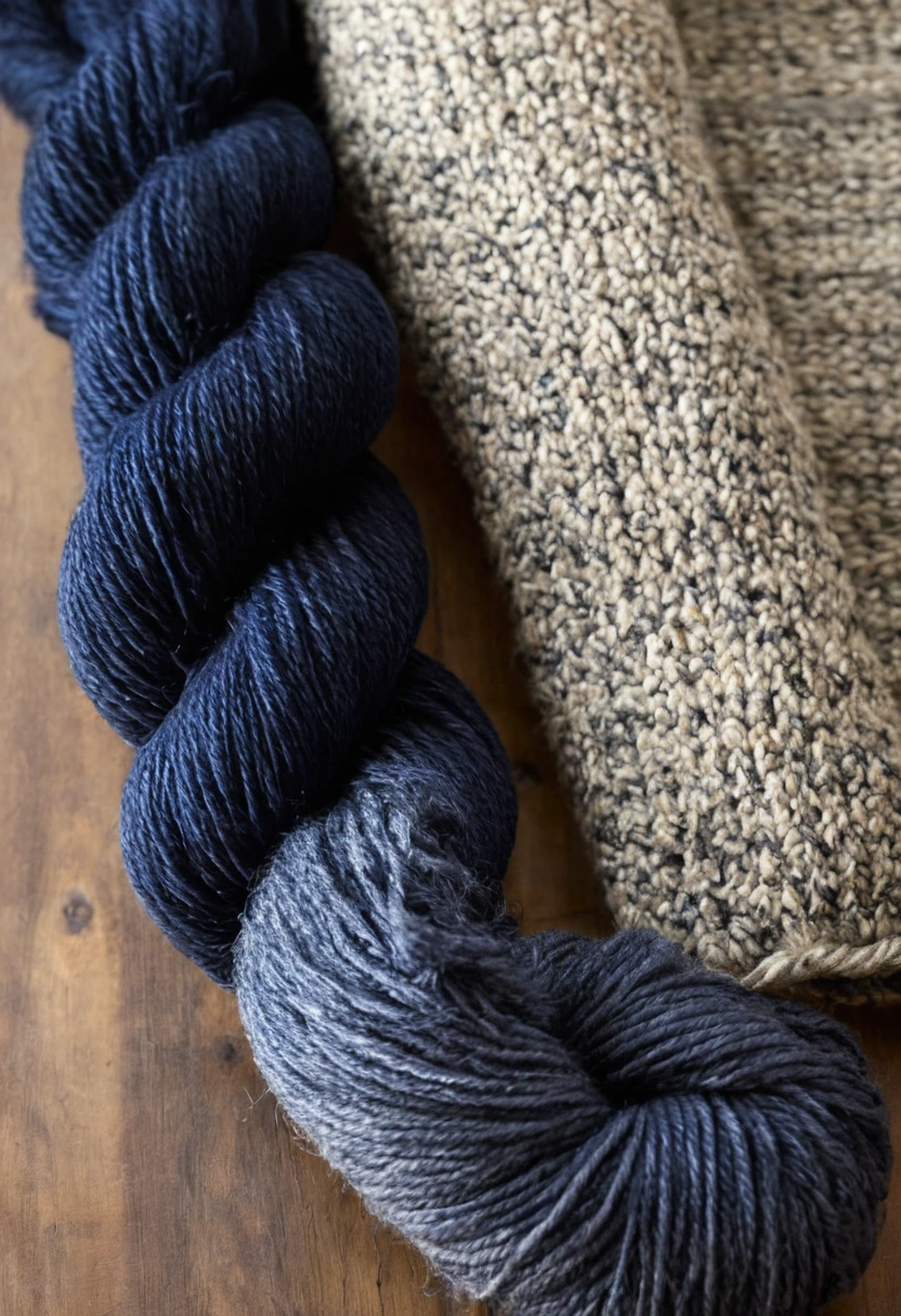 Turned-back corner of a hand-knotted wool rug showing indigo pile yarn with a darker root and a lighter sheared tip