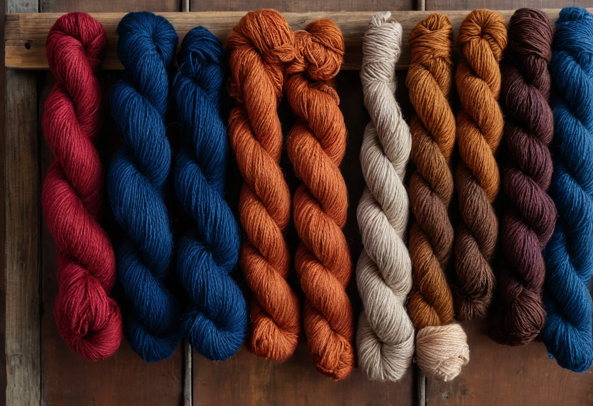 Skeins of dyed wool yarn hanging on a timber rack in madder red, indigo blue, ochre and brown