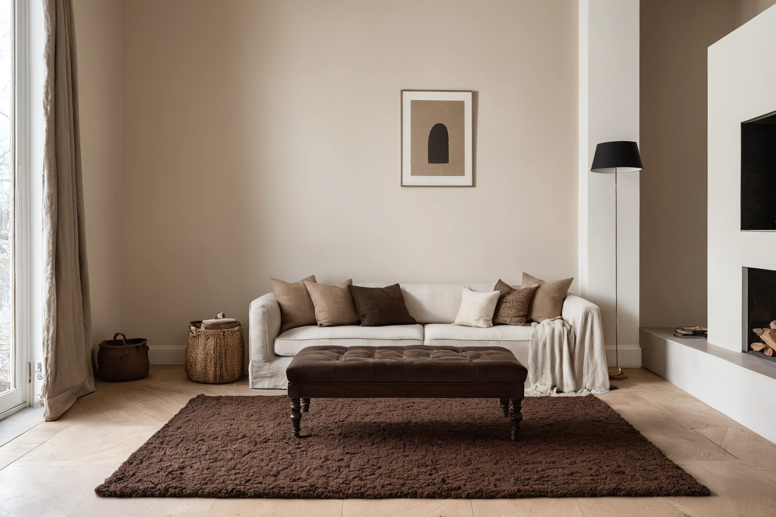 Contemporary sitting room with a chocolate brown hand-knotted wool rug showing broad tone variation across the field